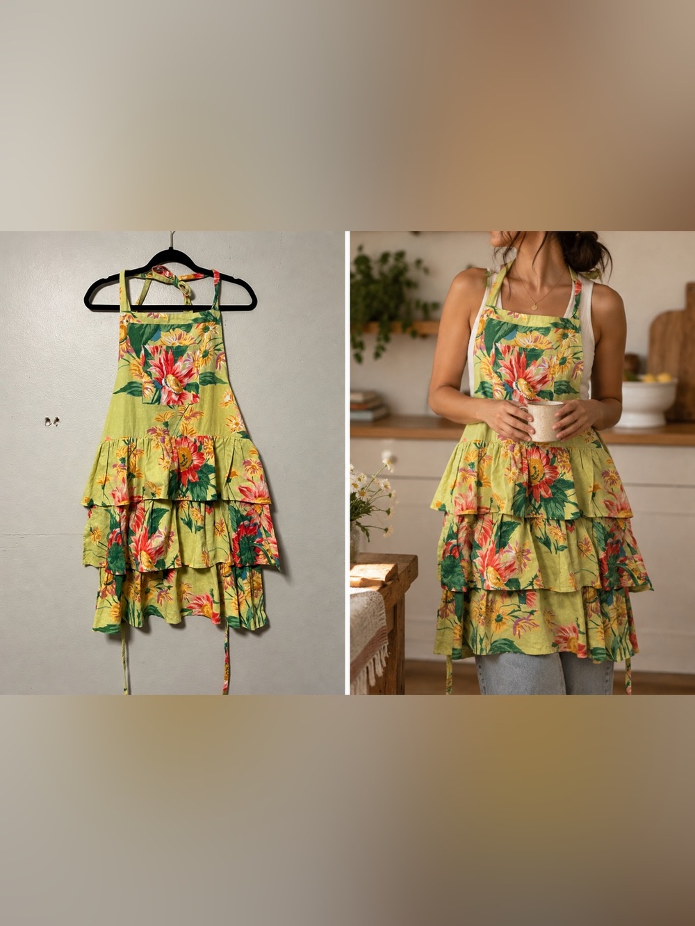 April Cornell Floral Apron YellowCotton Ruffle Tiered Cottagecore Country Pocket